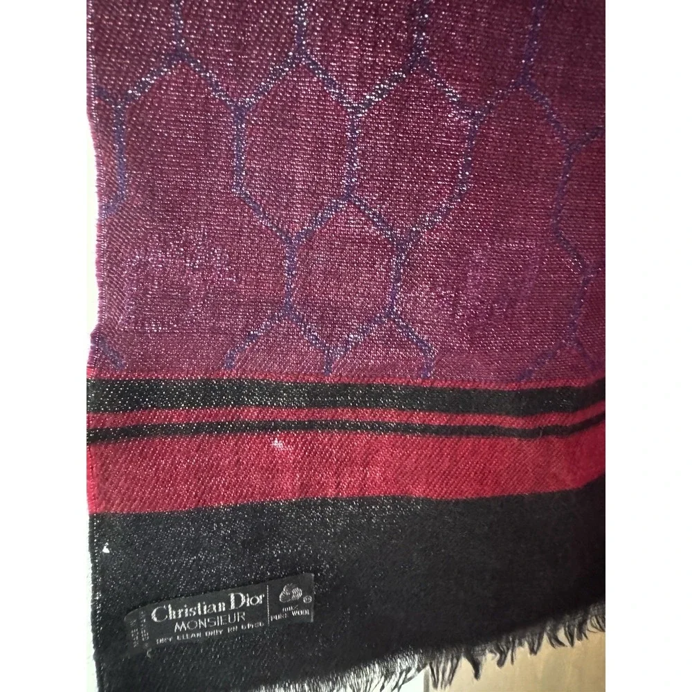 Christian Dior Monsieur Men's One Size Black Burgundy 100% Wool Vintage Scarf